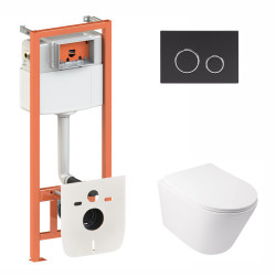 Набір Qtap інсталяція 3 в 1 Nest QT0133M425 з панеллю змиву круглою QT0111M11V1146MB + унітаз з сидінням Swan QT16335178W Набір Qtap інсталяція 3 в 1 Nest QT0133M425 з панеллю змиву круглою QT0111M11V1146MB + унітаз з сидінням Swan QT16335178W