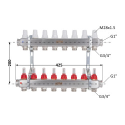 Колектор з витратомірами (нерж.) 1" х8 Icma № К073 Колектор з витратомірами (нерж.) 1" х8 Icma № К073