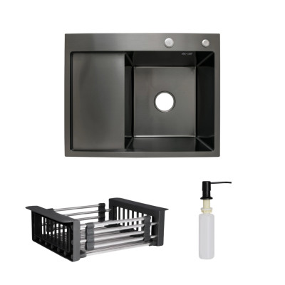 Комплект Lidz Handmade H6350BL Мийка для кухні інтегрована крило зліва BlackPVD у комплекті з дозатором + Lidz K01B Корзина для кухонної мийки Комплект Lidz Handmade H6350BL Мийка для кухні інтегрована крило зліва BlackPVD у комплекті з дозатором + Lidz K01B Корзина для кухонної мийки