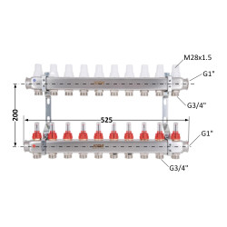 Колектор Icma № К073 з витратомірами (нерж.) 1" х 3/4" на 2 виходів Колектор Icma № К073 з витратомірами (нерж.) 1" х 3/4" на 2 виходів