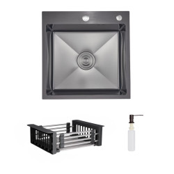 Комплект Lidz Handmade H5050HB Мийка для кухні інтегрована Decor Black PVD Honeycomb у комплекті з дозатором + Lidz K01G Корзина для кухонної мийки