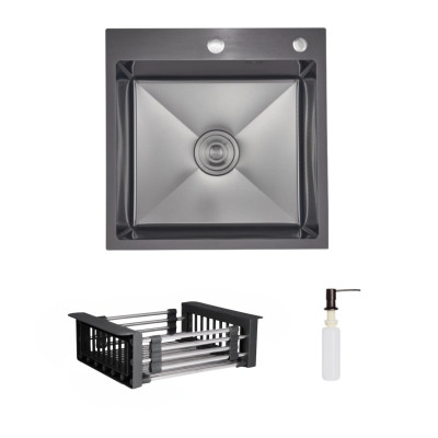 Комплект Lidz Handmade H5050HB Мийка для кухні інтегрована Decor Black PVD Honeycomb у комплекті з дозатором + Lidz K01G Корзина для кухонної мийки