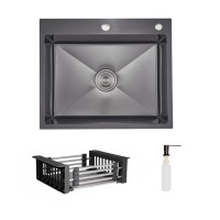 Комплект Lidz Handmade H6050HB Мийка для кухні інтегрована Decor Black PVD Honeycomb у комплекті з дозатором + Lidz K01G Корзина для кухонної мийки