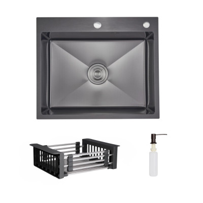 Комплект Lidz Handmade H6050HB Мийка для кухні інтегрована Decor Black PVD Honeycomb у комплекті з дозатором + Lidz K01G Корзина для кухонної мийки