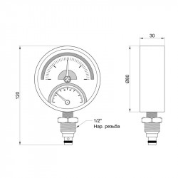 Термоманометр Thermo Alliance Standart 80 мм 1/2", нижнє підмикання SD1724B Термоманометр Thermo Alliance Standart 80 мм 1/2", нижнє підмикання SD1724B