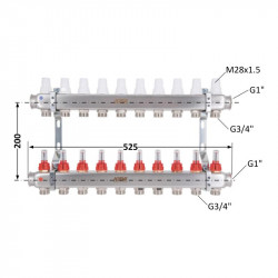 Колектор Icma № К073 з витратомірами (нерж.) 1" х 3/4" на 2 виходів Колектор Icma № К073 з витратомірами (нерж.) 1" х 3/4" на 2 виходів