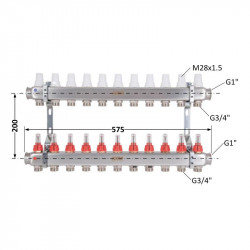 Колектор Icma № К073 з витратомірами (нерж.) 1" х 3/4" на 11 виходів Колектор Icma № К073 з витратомірами (нерж.) 1" х 3/4" на 11 виходів