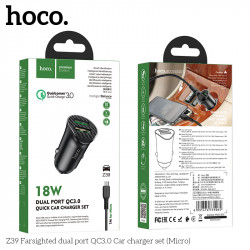 Адаптер автомобільний HOCO Micro USB cable Farsighted dual port QC3.0 car charger set Z39 |2USB, QC3.0, 3A/18W|