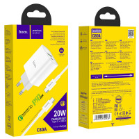 Адаптер мережевий HOCO Type-C to Type-C cable rapido charger set C80A |1USB/1Type-C, QC/PD, 20W, 3A|