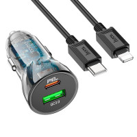 Адаптер автомобільний Hoco Type-C to Lightning CableTransparent Discovery Edition dual port Z47A |1USB/1Type-C, QC/PD, 30W/3A|