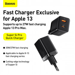 Адаптер мережевий BASEUS Super si Pro Quick Charge |1USB/1Type-C, 30W/3A, PD/QC| (CCSUPP-E02)