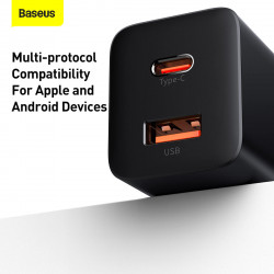 Адаптер мережевий BASEUS Super si Pro Quick Charge |1USB/1Type-C, 30W/3A, PD/QC| (CCSUPP-E02)