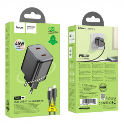 Адаптер мережевий Hoco Elogiado dual-port charger N42 (Type-C to Lightning Set) |2Type-C, 45W/3A, PD/QC|