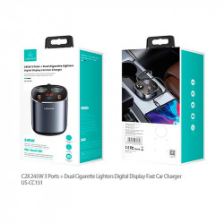 Адаптер автомобільний USAMS Dual Cigarette Lighters Digital Fast Car Charger C28 US-CC151 |2USB/1Type-C, 245W/6A, PD/QC|