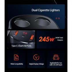 Адаптер автомобільний USAMS Dual Cigarette Lighters Digital Fast Car Charger C28 US-CC151 |2USB/1Type-C, 245W/6A, PD/QC|