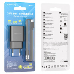 Адаптер мережевий BOROFONE Micro USB Cable Powerway dual port charger set BA53A |2USB, 2.1A|