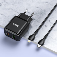 Адаптер мережевий Hoco Type-C to Lightning Cable Favor dual port N5 |1USB/1Type-C, PD20W/QC3.0, 3A| (Safety Certified)