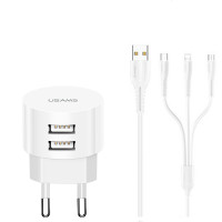 Адаптер мережевий USAMS Kit Sing-Tu Dual USB Round Travel 3in1 cable T20 |2USB, 2.1A|