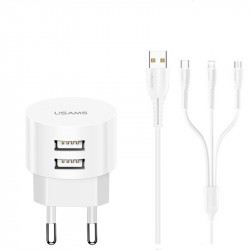 Адаптер мережевий USAMS Kit Sing-Tu Dual USB Round Travel 3in1 cable T20 |2USB, 2.1A|