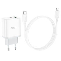 Адаптер мережевий HOCO Type-C to Lightning Cable Stage dual Port charger set C105A |1USB/1Type-C, 20W/3A, PD/QC|