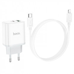 Адаптер мережевий HOCO Type-C to Lightning Cable Stage dual Port charger set C105A |1USB/1Type-C, 20W/3A, PD/QC|