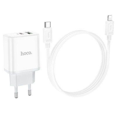 Адаптер мережевий HOCO Type-C to Lightning Cable Stage dual Port charger set C105A |1USB/1Type-C, 20W/3A, PD/QC|