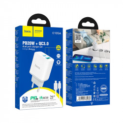 Адаптер мережевий HOCO Type-C to Lightning Cable Stage dual Port charger set C105A |1USB/1Type-C, 20W/3A, PD/QC|