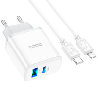 Адаптер мережевий HOCO Type-C to Lightning Cable Stage dual Port charger set C105A |1USB/1Type-C, 20W/3A, PD/QC|
