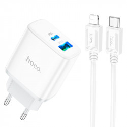 Адаптер мережевий HOCO Type-C to Lightning Cable Stage dual Port charger set C105A |1USB/1Type-C, 20W/3A, PD/QC|
