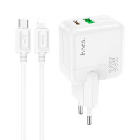 Адаптер мережевий HOCO Type-C to Lightning Cable Lucky dual-port charger set C111A |1USB/1Type-C, 30W/3A, PD/QC|