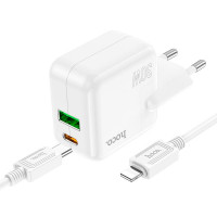 Адаптер мережевий HOCO Type-C to Lightning Cable Lucky dual-port charger set C111A |1USB/1Type-C, 30W/3A, PD/QC|