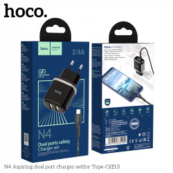 Адаптер мережевий HOCO Type-C cable Aspiring dual Port charger set N4 |2USB, 2.4A| (Safety Certified)