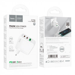 Адаптер мережевий HOCO Header three-port C115A |1USB/2Type-C, 65W/3A, PD/QC|