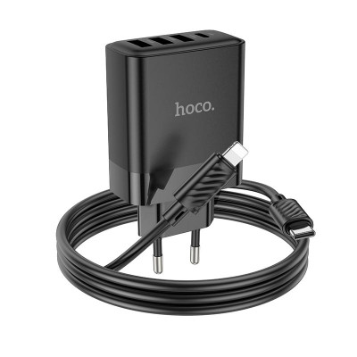 Адаптер мережевий Hoco Type-C to Lightning Cable Intelligent four-port C127A |3USB/1Type-C, 45W/3A, PD/QC|
