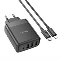 Адаптер мережевий Hoco Type-C to Lightning Cable Intelligent four-port C127A |3USB/1Type-C, 45W/3A, PD/QC|