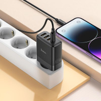 Адаптер мережевий Hoco Type-C to Lightning Cable Intelligent four-port C127A |3USB/1Type-C, 45W/3A, PD/QC|