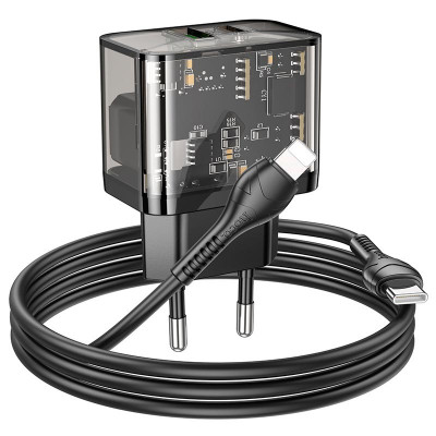 Адаптер мережевий HOCO Type-C to Lightning cable dazzling dual-port N34 |1USB/1Type-C, 20W/3A, PD/QC|