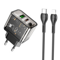 Адаптер мережевий HOCO Type-C to Lightning cable dazzling dual-port N34 |1USB/1Type-C, 20W/3A, PD/QC|