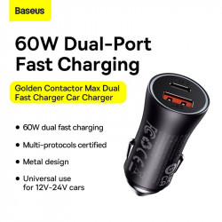 Адаптер автомобільний Baseus Golden Contactor Max Dual Fast Charger Car Charger |1USB/1Type-C, QC/PD, 60W/3A|