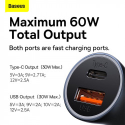 Адаптер автомобільний Baseus Golden Contactor Max Dual Fast Charger Car Charger |1USB/1Type-C, QC/PD, 60W/3A|
