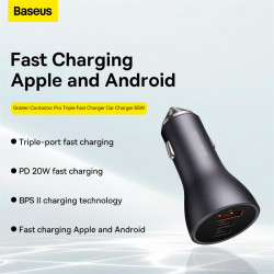 Адаптер автомобільний Baseus Golden Contactor Pro Triple Fast Charger Car Charger |1USB/2Type-c, PD/QC, 65W/3A|