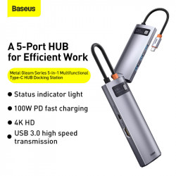 Hub адаптер BASEUS Type-C Metal Gleam Series 5-in-1 Multifunctional Docking Station |3USB, HDMI, Type-C, 100W PD| (CAHUB-CX0G)