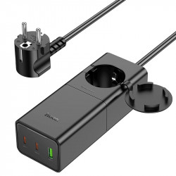 Адаптер мережевий Hoco Sharp desktop socket NS4 |1USB/2Type-C, 65W/3A, PD/QC, 4000W Socket|