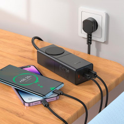 Адаптер мережевий Hoco Sharp desktop socket NS4 |1USB/2Type-C, 65W/3A, PD/QC, 4000W Socket|