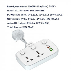 Подовжувач мережевий Ldnio SC2413 |3USB/1Type-C, 3Sockets. QC/PD, 20W/10A, EU Plug|