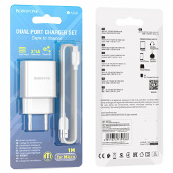 Адаптер мережевий BOROFONE Micro USB Cable Powerway dual port charger set BA53A |2USB, 2.1A|