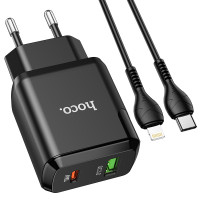 Адаптер мережевий Hoco Type-C to Lightning Cable Favor dual port N5 |1USB/1Type-C, PD20W/QC3.0, 3A| (Safety Certified)