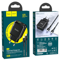 Адаптер мережевий Hoco Type-C to Lightning Cable Favor dual port N5 |1USB/1Type-C, PD20W/QC3.0, 3A| (Safety Certified)