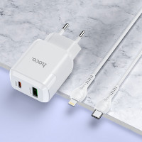 Адаптер мережевий Hoco Type-C to Lightning Cable Favor dual port N5 |1USB/1Type-C, PD20W/QC3.0, 3A| (Safety Certified)