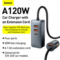 Адаптер автомобільний BASEUS Share Together PPS multi-port Fast charging Car charger with cord |3USB/1Type-C, 3A/120W, QC/PD, 1.5m| (CCBT-B0G)